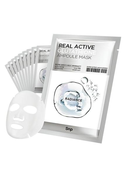 SNP Real Active Glutathione Ampoule Sheet Mask in a 10-pack box with glossy silver accents