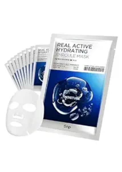 SNP Real Active Hydrating Ampoule Sheet Mask box in blue with water droplet graphics
