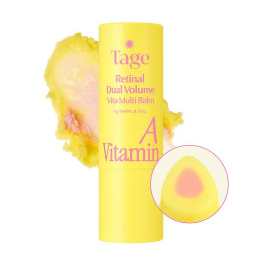 Tage Retinal Dual Volume Vita Multi Balm in yellow and white twist-up stick packaging