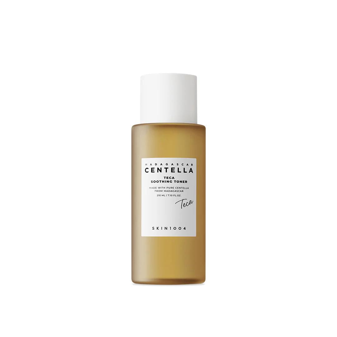 SKIN1004 Madagascar Centella Teca Soothing Toner in a clear cylindrical bottle with a white minimalist label