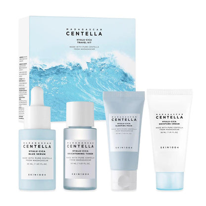 SKIN1004 Madagascar Centella Hyalu-Cica Travel Kit with five blue and white miniature skincare bottles in a clear pouch