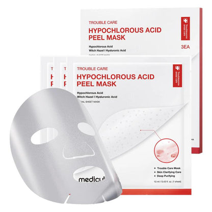 Medicube Hypochlorous Acid Peel Mask in a blue and white box with three sheet mask packets inside