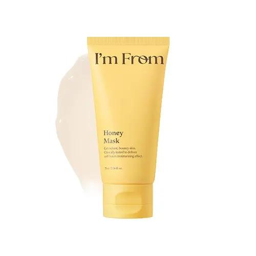 Im From Honey Mask 70g in a glass jar with thick amber colored honey texture and a wooden spatula