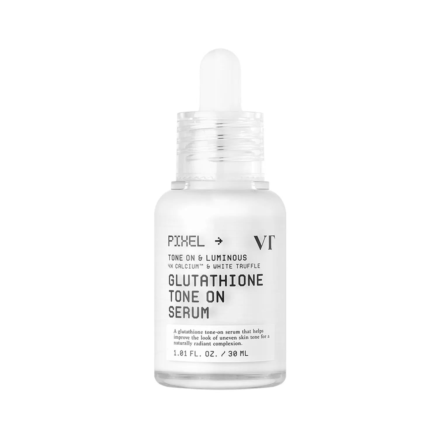VT Cosmetics Glutathione Tone on Serum in a silver and white pump bottle with a translucent finish