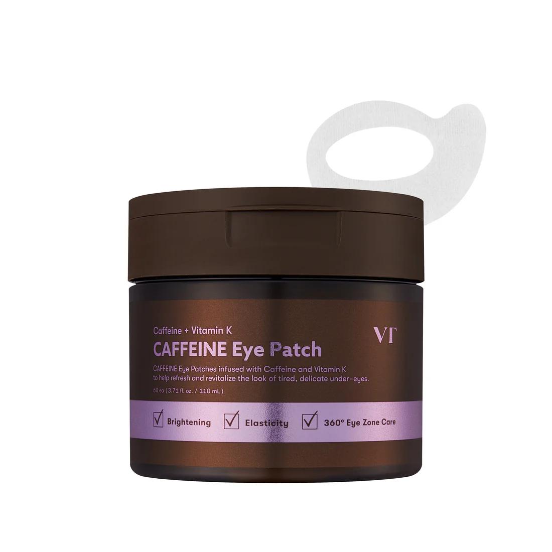 VT Cosmetics Caffeine Eye Patch in a brown circular jar containing sixty moist dark brown hydrogel masks