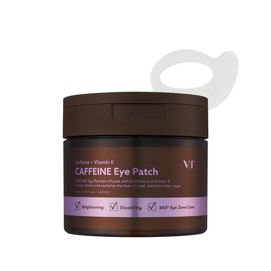 VT Cosmetics Caffeine Eye Patch in a brown circular jar containing sixty moist dark brown hydrogel masks
