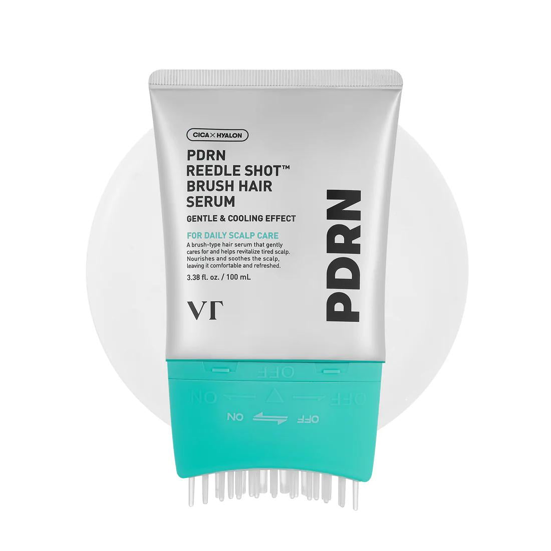 VT Cosmetics PDRN Reedle Shot Hair Serum in a silver and blue pump bottle with an integrated scalp applicator brush