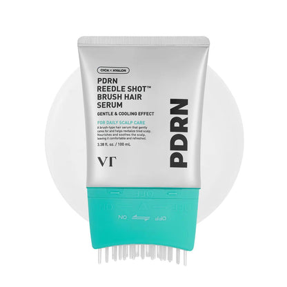 VT Cosmetics PDRN Reedle Shot Hair Serum in a silver and blue pump bottle with an integrated scalp applicator brush