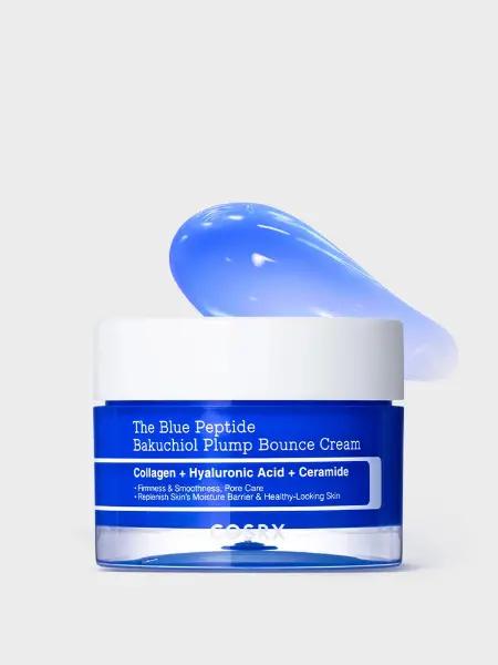 Cosrx The Blue Peptide Bakuchiol Plump Bounce Cream in a white jar with light blue formula
