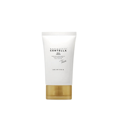 Skin1004 Madagascar Centella Teca Cream in a white and orange squeeze tube with a silver screw cap