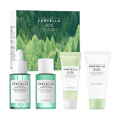 SKIN1004 Madagascar Centella Tea-Trica Travel Kit featuring four miniature green and white bottles in a clear pouch