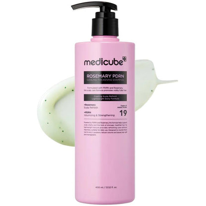 Medicube Rosemary PDRN Cooling Thickening Shampoo in a dark brown translucent pump bottle with a minimalist white label