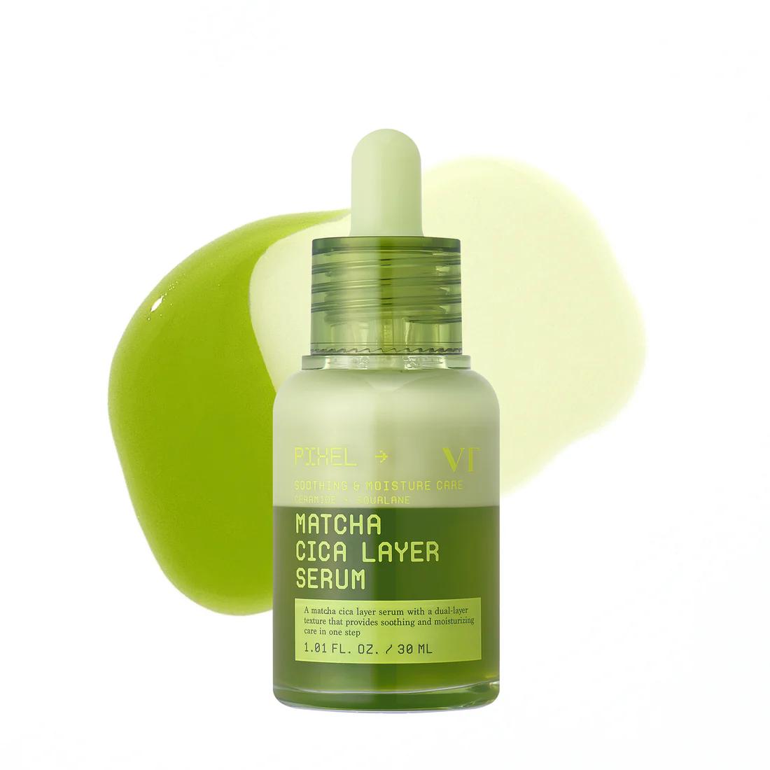 VT Cosmetics Matcha Cica Layer Serum in a clear glass dropper bottle showing a dual-phase green and clear liquid formula