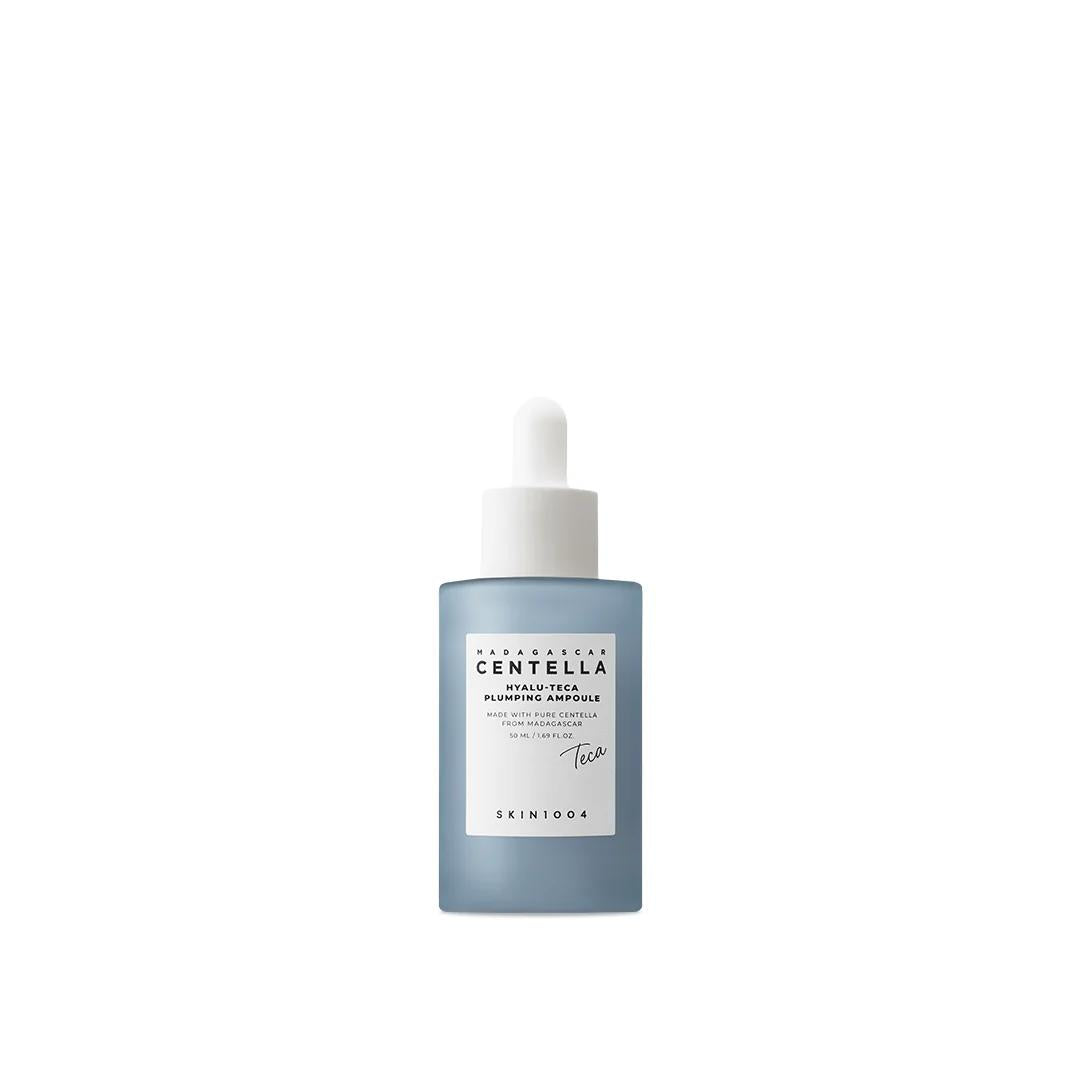 SKIN1004 Madagascar Centella Hyalu-Teca Plumping Ampoule in a clear blue bottle with a white dropper cap