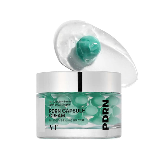 VT Cosmetics PDRN Hyaluronic Capsule Cream in a white jar with blue text and visible blue moisture capsules inside