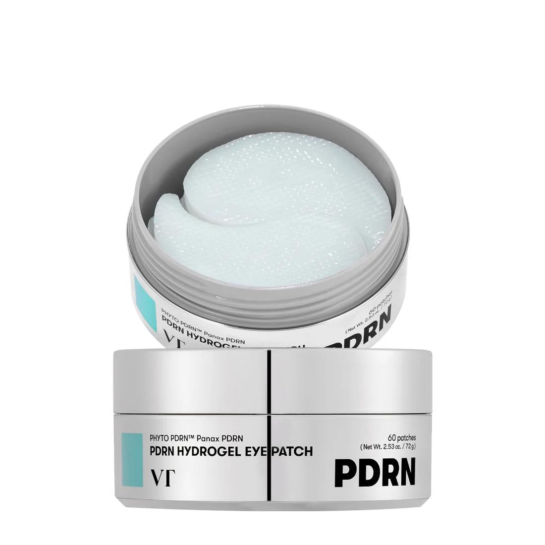 VT Cosmetics PDRN Hydrogel Eye Patch in a round white jar with shimmering translucent gold under-eye patches inside