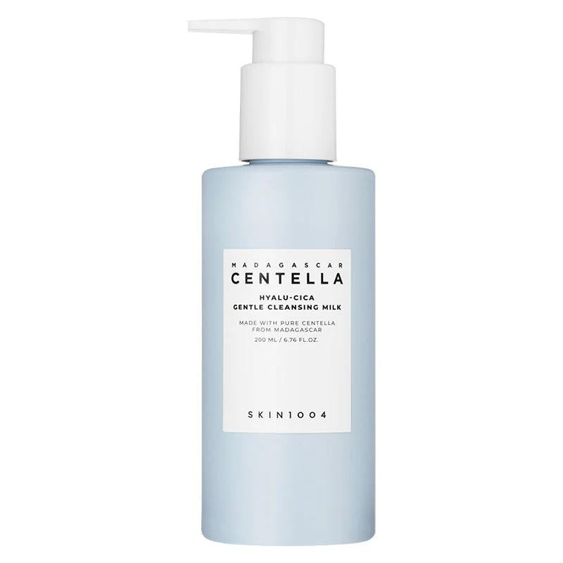SKIN1004 Madagascar Centella Hyalu-Cica Gentle Cleansing Milk in a tall white pump bottle with a light blue label
