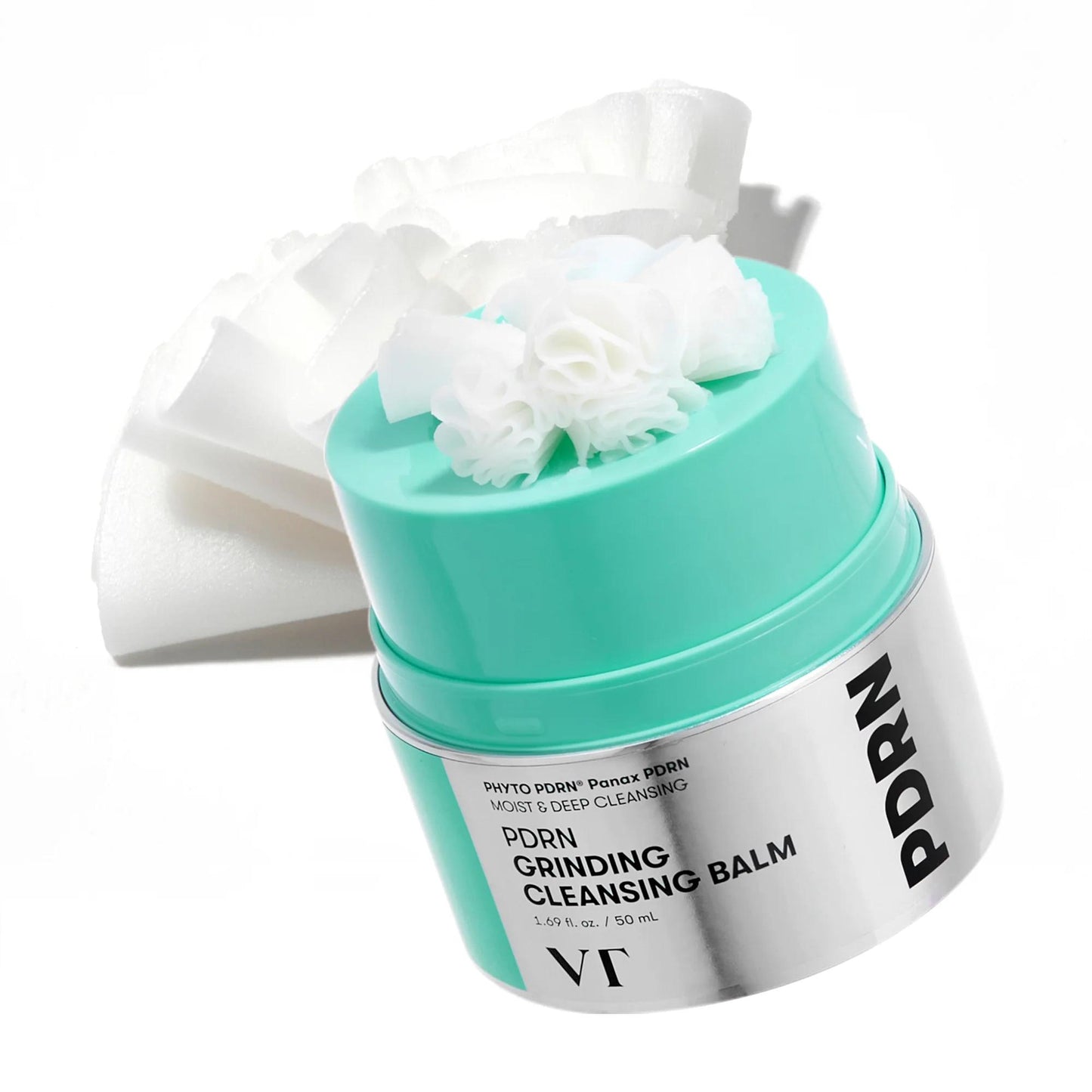 VT Cosmetics PDRN Grinding Cleansing Balm in a white jar with a rotating top to shave off solid balm product