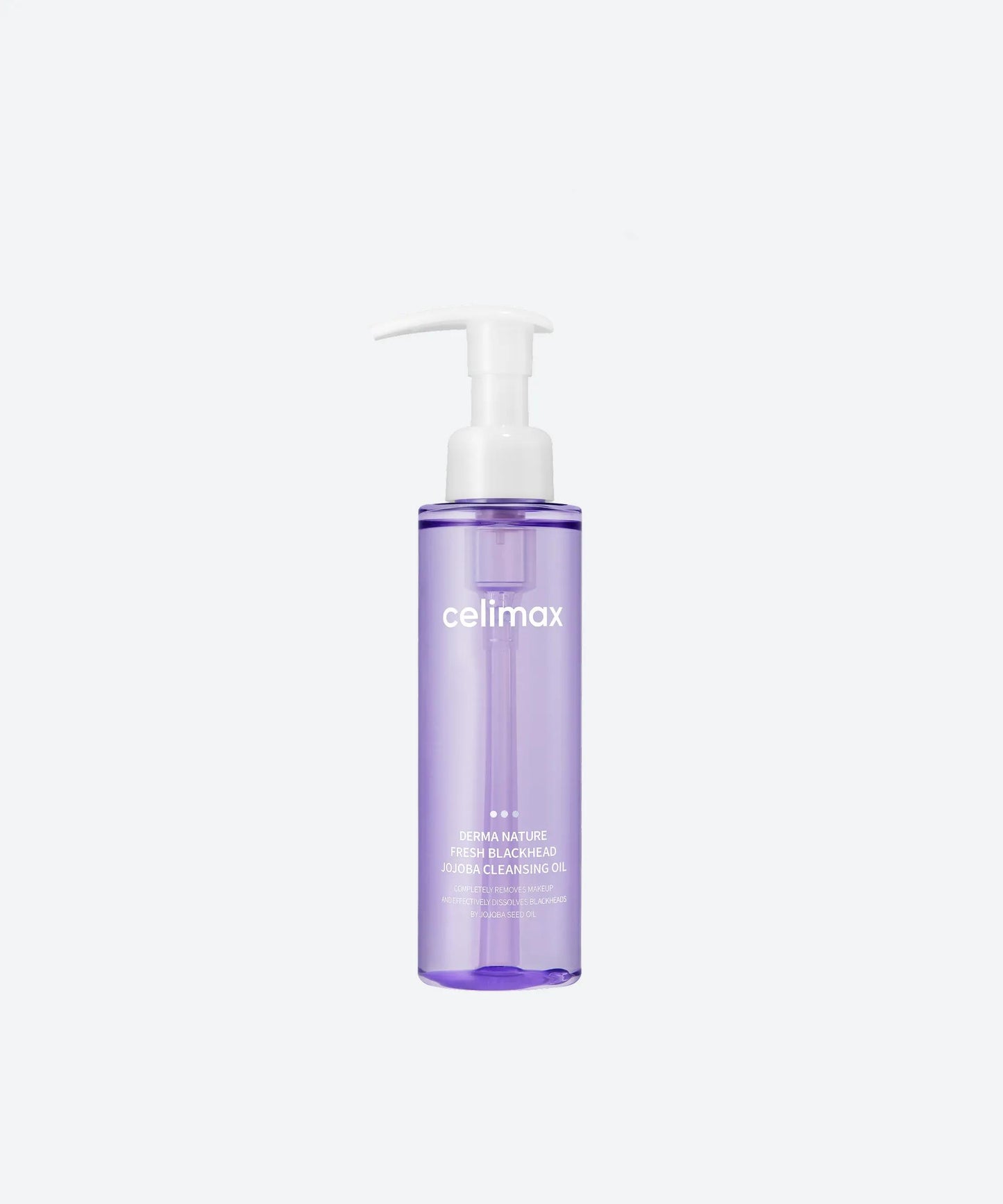 Celimax Derma Nature Fresh Blackhead Jojoba Cleansing Oil in a clear bottle with a minimalist white and blue label