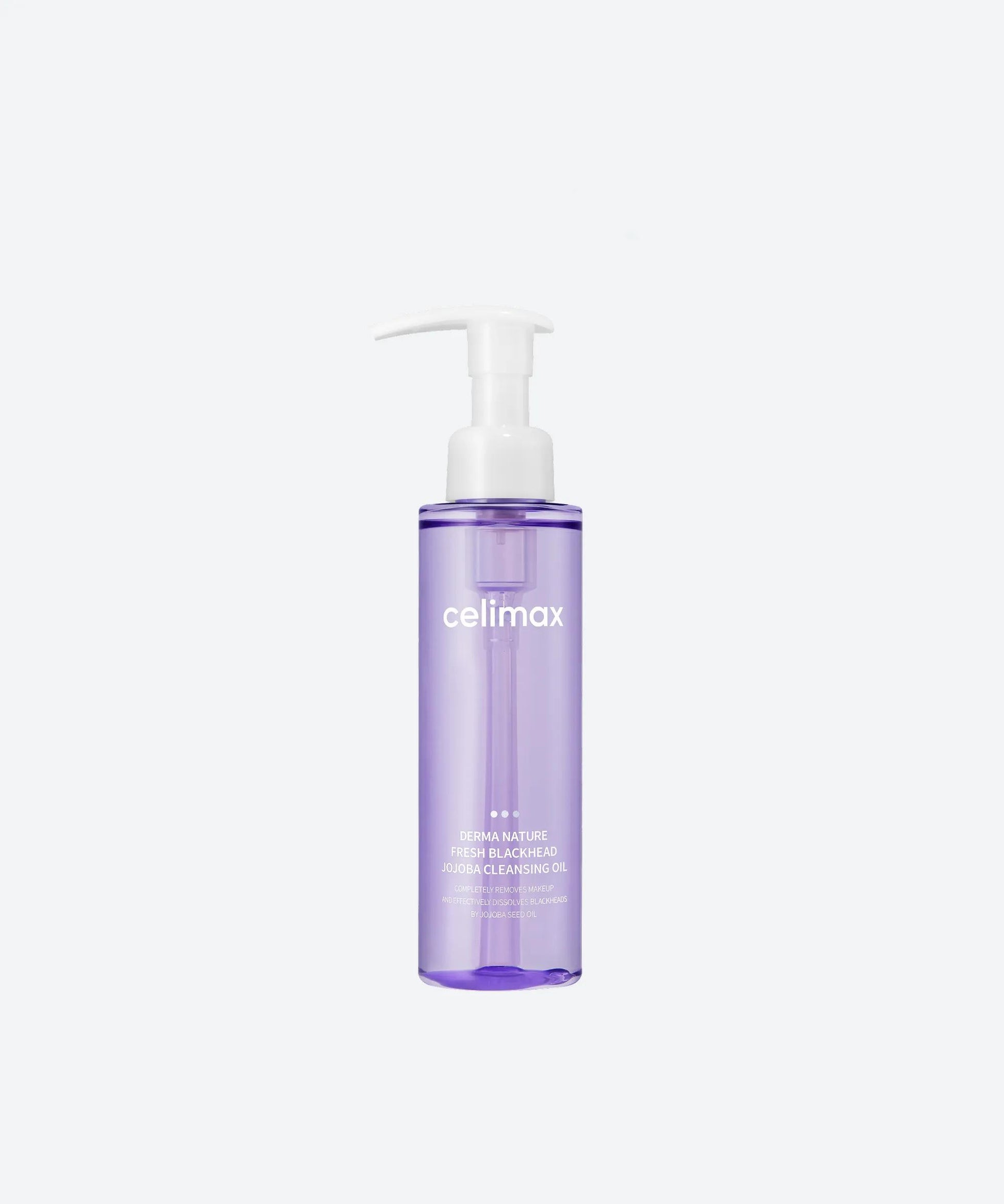 Celimax Derma Nature Fresh Blackhead Jojoba Cleansing Oil in a clear bottle with a minimalist white and blue label