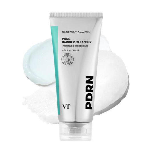 VT Cosmetics PDRN Barrier Cleanser in a white pump bottle with minimalist blue and black text