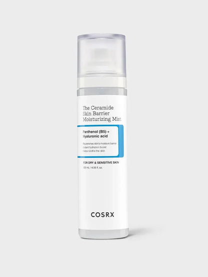 Cosrx The Ceramide Skin Barrier Moisturizing Mist in a tall white spray bottle with a clear cap and minimalist text