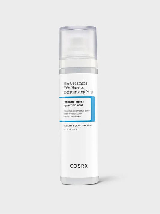 Cosrx The Ceramide Skin Barrier Moisturizing Mist in a tall white spray bottle with a clear cap and minimalist text