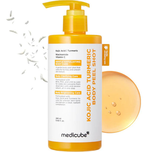 Medicube Kojic Acid Turmeric Body Peel Shot in a large white pump bottle with yellow and orange accents