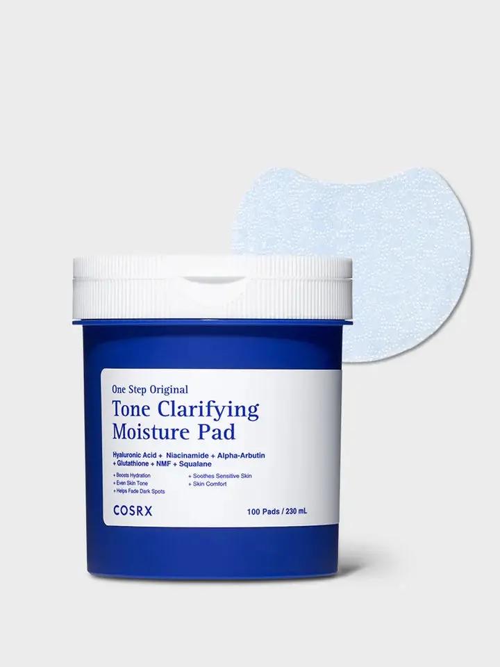 Cosrx One Step Original Tone Clarifying Moisture Pads in a white jar with a red label and cartoon character design