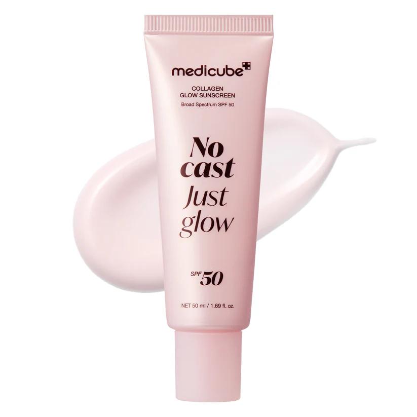 Medicube Collagen Glow Sunscreen in a white tube with a silver cap and pink text accents