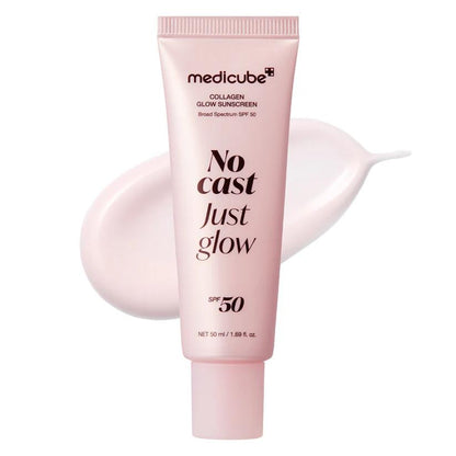 Medicube Collagen Glow Sunscreen in a white tube with a silver cap and pink text accents