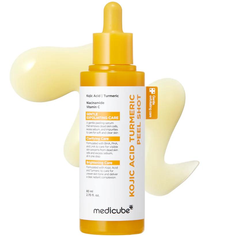 Medicube Kojic Acid Turmeric Peel Shot in a clear bottle with bright yellow liquid and a silver dropper cap