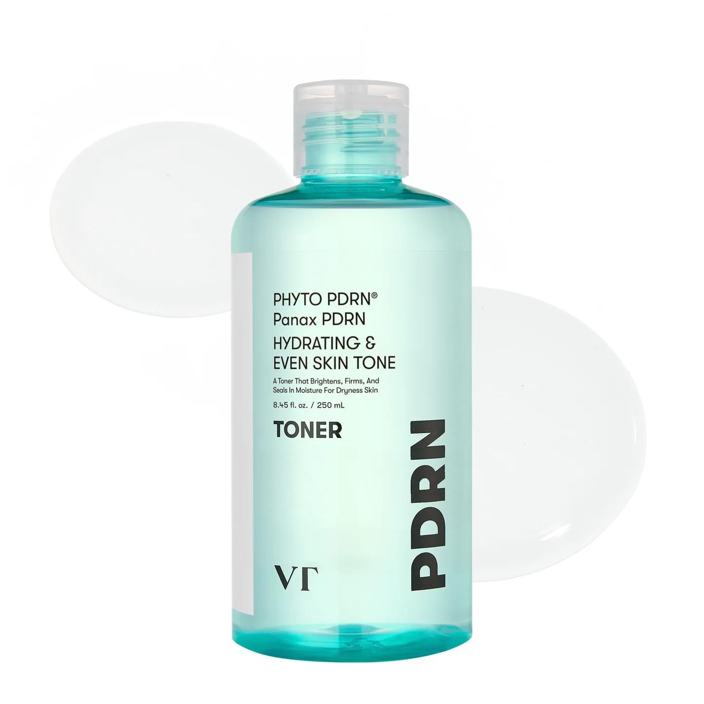 VT Cosmetics PDRN Toner in a tall clear bottle with a silver cap and minimalist white label design