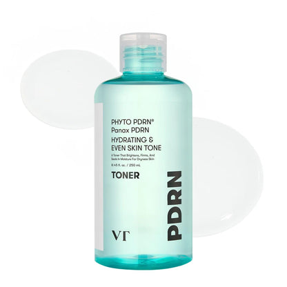 VT Cosmetics PDRN Toner in a tall clear bottle with a silver cap and minimalist white label design