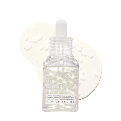 VT Cosmetics Rice Ceramide Serum in a frosted glass bottle with a minimalist white and beige label