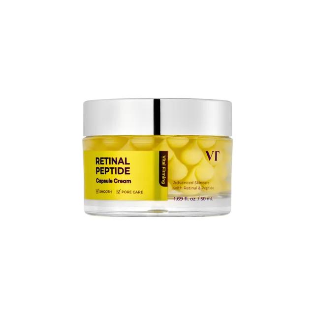 VT Cosmetics Retinal Peptide Hyaluronic Capsule Cream in a white jar with yellow and blue text and a silver lid