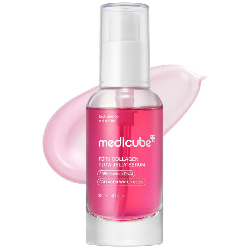 Medicube PDRN Collagen Glow Jelly Serum in a silver pump bottle with pink accents and a clear cap