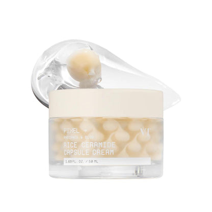 VT Cosmetics Rice Ceramide Capsule Cream in a white jar with visible small white capsules suspended in the cream formula